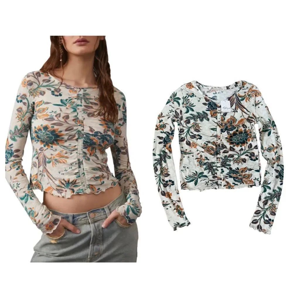 We The Free Free People Dreamed of You Floral Ruched Long Sleeve Top XSMALL NWT